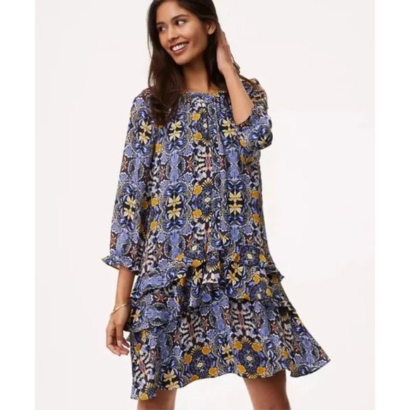 LOFT Dresses & Skirts - Loft Women's Autumn Dream Navy Blue Floral Drop Waist Midi Shirt Dress Size M